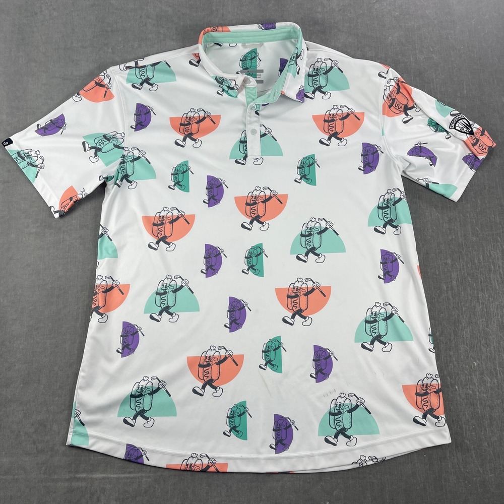 Swannies Men XXL White Polo Shirt Hot Dog Golf Print Performance Short Sleeve